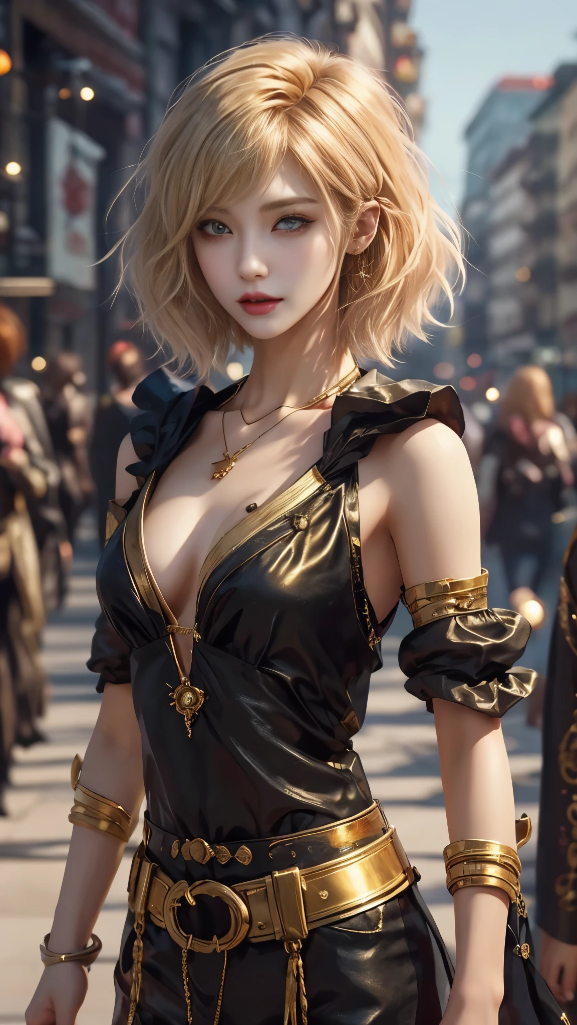 masterpiece, top-quality, ((1womanl)), different golden color, finely eye and detailed face, intricate detailes, Casual black and golden attire, window, A smile, Happiness, tenderness, high-level image quality、selfee, Beautuful Women、tall、a small face, D-cups, The upper part of the body、nightfall, nighttime scene、𝓡𝓸𝓶𝓪𝓷𝓽𝓲𝓬、Korea person, Idol Photos, Model photo, k pop, Professional Photos, Vampires, Korean fashion in black and golden, Fedoman with necklace, inspired by Sim Sa-jeong, androgynous vampire, :9 detailed face: 8, extra detailed face, detailed punk hair, ((eyes are deialed)) baggy eyes, Seductive. Highly detailed, semi realistic anime, Vampires, hyperrealistic , Delicate androgynous princess, imvu, ((short hair woman)), golden hair woman with wild look, ((Woman with short golden hair)), ((1 persons)),