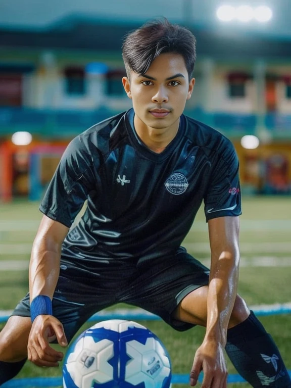 Football player Arafed kneels on the ground with a soccer ball., Portraitกลางช็อต, Portraitระยะกลาง, Portrait, Mohamed Shahin style, won, won, Wearing a school football uniform, Sports Photography, Niwan Chandra, Smooth in _ background, Mohamed Shahin, Sports Photography, With a backdrop of natural light.
