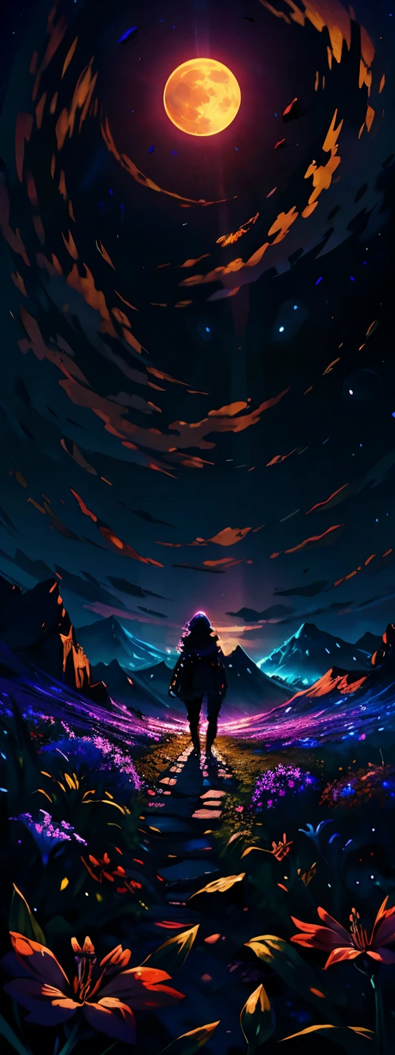 expansive landscape photograph , (a view from below that shows sky above and open field below), a girl standing on flower field looking up, (full moon:1.2), ( shooting stars:0.9), (nebula:1.3), distant mountain, tree BREAK
production art, (warm light source:1.2), (Firefly:1.2), lamp, lot of purple and orange, intricate details, volumetric lighting BREAK
(masterpiece:1.2), (best quality), 4k, ultra-detailed, (dynamic composition:1.4), highly detailed, colorful details,( iridescent colors:1.2), (glowing lighting, atmospheric lighting), dreamy, magical, (solo:1.2)