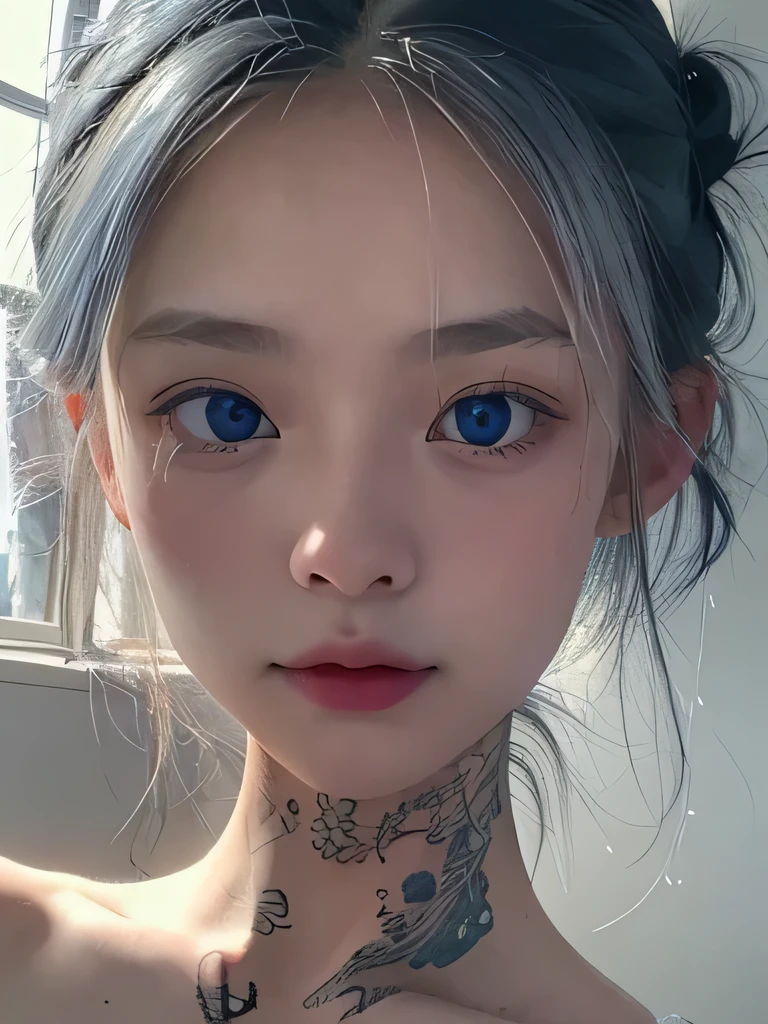 1 girl,light shines on your face, rosy lips, topknot, shining eyes, bun hair, surrealism, close, she is completely naked、masterpiece, Super detailed, advanced details, High resolution、she is naked、blue eyes、black background、Platinum Silver Hair、silver hair、ethnic tattoo、many tattoos on neck、flashy tattoo、nipple、Small breasts、tits、nipple showing、pink nipple、belly button、upper body close-up、Tattoos on the face、