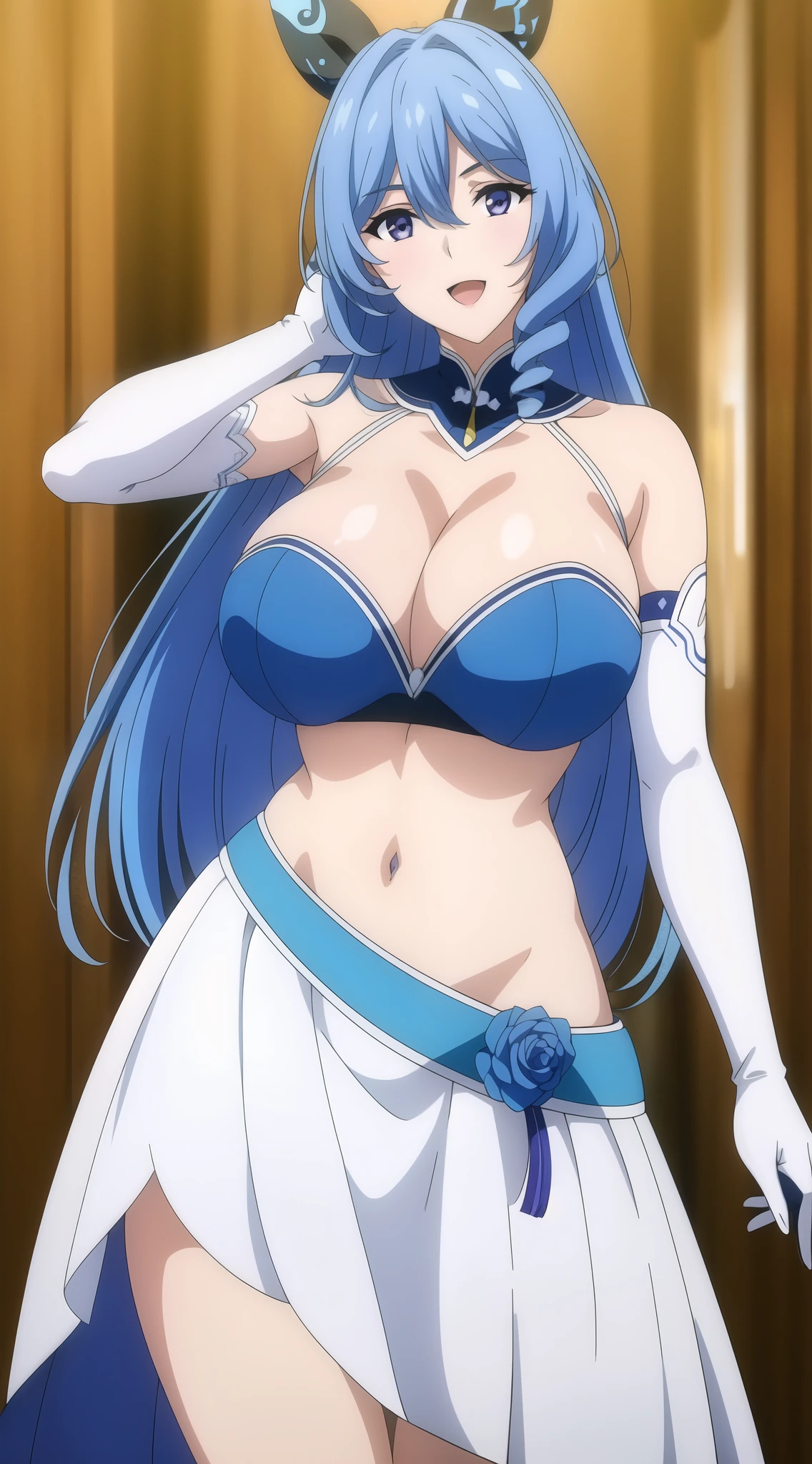 aoemai, hair ribbon, pale skin, blue hair, purple eyes, sidelocks, drill sidelock, hair between eyes, looking at viewer, :d, 1girl, breasts, solo, long hair, blue hair, navel, elbow gloves, looking at viewer, purple eyes, gloves, midriff, bare shoulders, white gloves, cleavage, large breasts, skirt, hair between eyes, crop top, blue eyes, dress, ,(masterpiece: 1.0), (best_quality: 1.0), ultra high resolution, 4K, ultra detailed, photography, 8K, HDR, highres, absurders:1.2, Kodak portra 400, film grain, blurred background, bokeh:1.2, l (vibrant_color:1.2) (Beautiful), (beautiful_face:1.5),(narrow_waist), anime style, sharp focus, professional artwork,trending on pixiv, detailed bold arm lines, high color saturation, bold lines, bold drawing lines), open mouth, (white skin, (fair skin),
