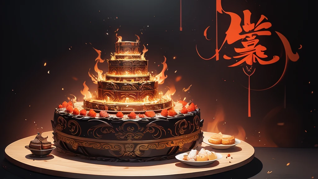 Chinese Cake, unusual cake, multi-tiered cake, Huge cake, cake with incredible decorations, cake with a huge demon, flames, aggressive cake, bright cake, without people