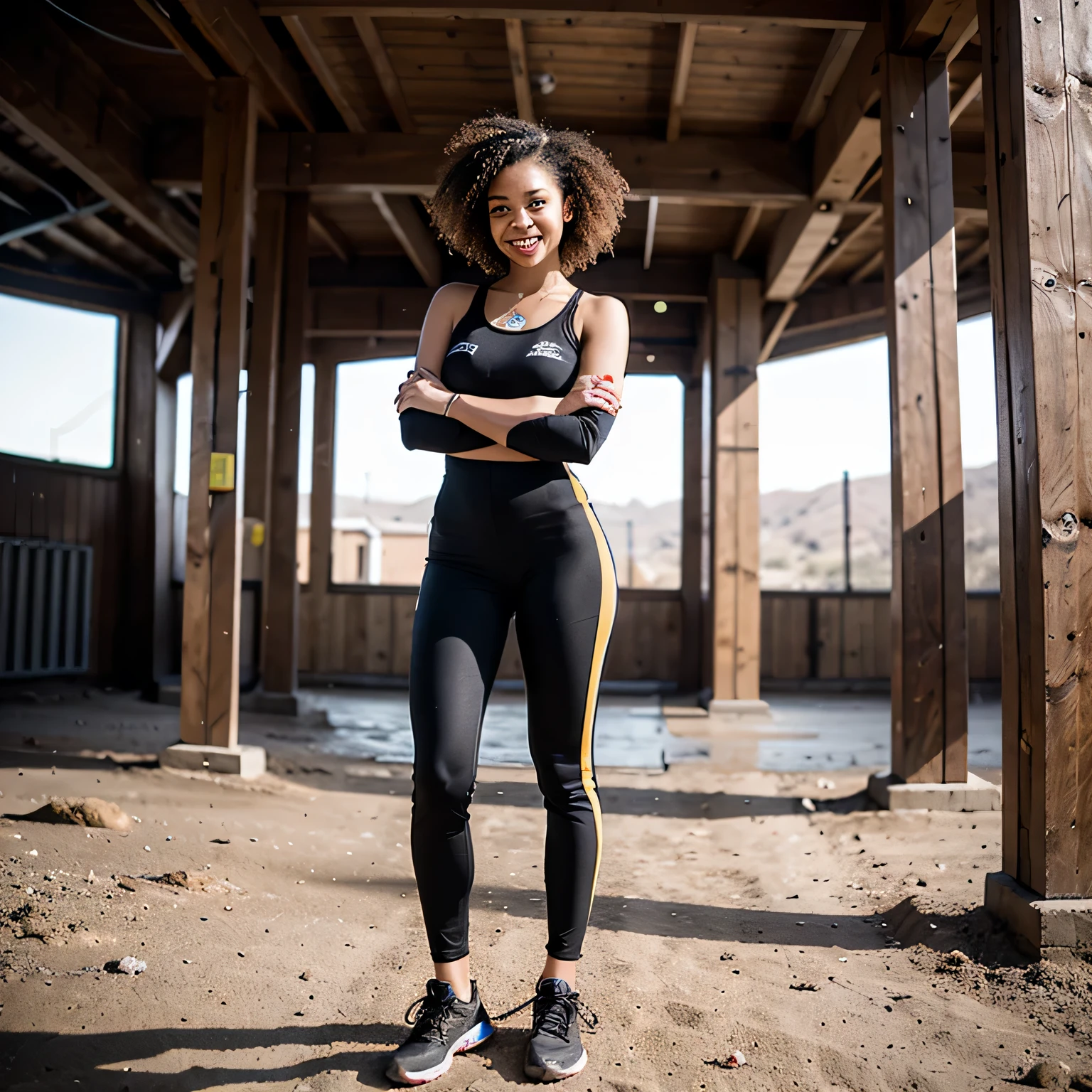 Interior of base station on desert planet with two suns. Light skinned black woman wearing skintight plain gray jumpsuit and comfortable shoes facing camera smiling.