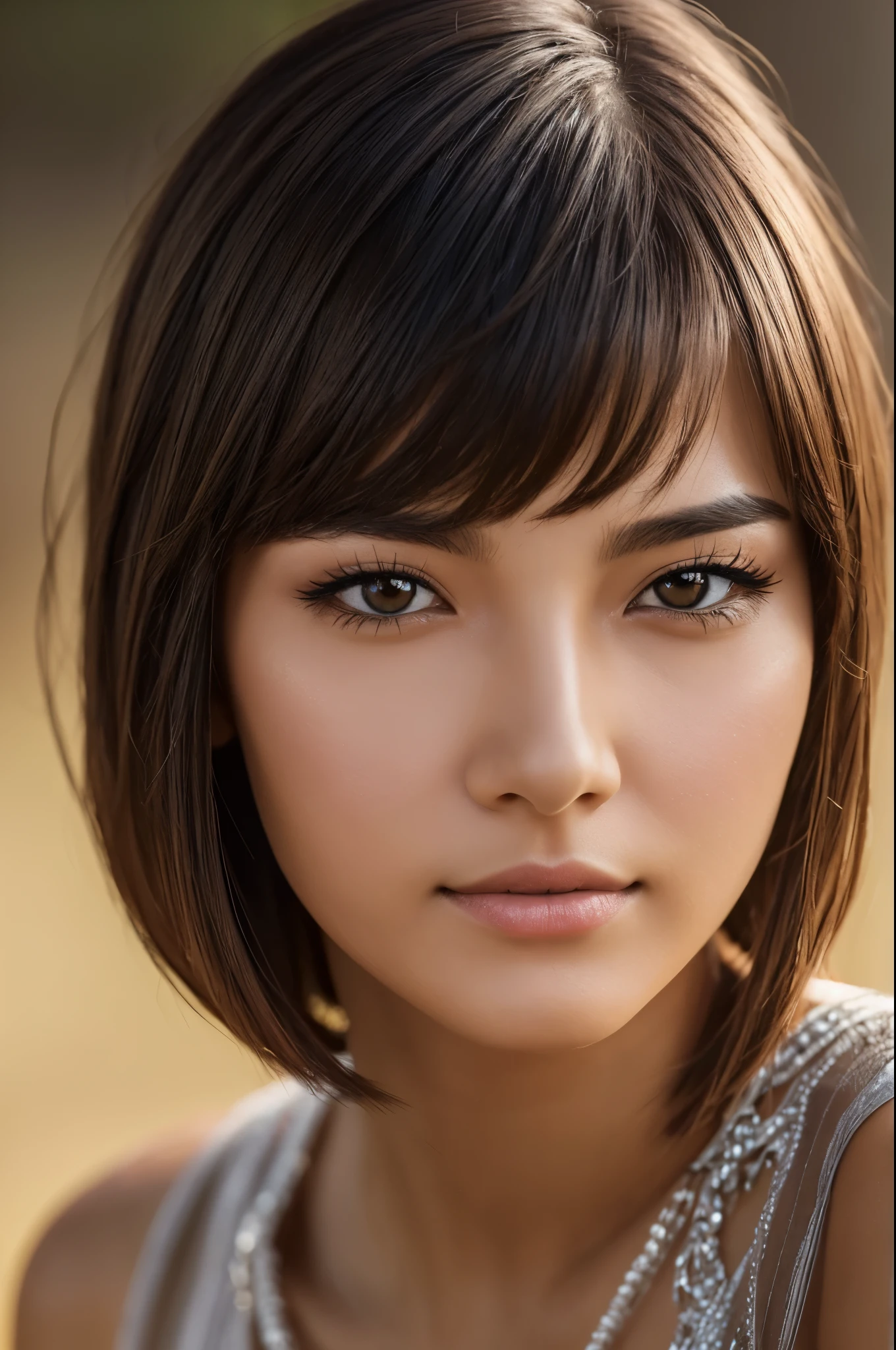 Photo of a South American woman in her late 20s, raw, Beautiful woman, (Light brown hair),　Loose and fluffy bob cut　Black eyes　((Portrait)), ((Detailed face:1.2)), ((detailed facial features)), (finely detailed skin), pale skin, , (cold color), moist, moist, Reflectors, (masutepiece) (perfectly proportions)(photos realistic)(Best Quality) (Detailed) photographed in a Canon EOS R5, 50mm Lens, F/2.8, nffsw, (8K) (sharp focus) 　clothed、(Photo Real:1.4)、(hyper realisitic:1.4)、(realisitic:1.3)、 (Smoother lighting:1.05)、(Improved lighting quality in movies:0.9)、32K、 girl with、Realistic lighting、back lighting、Facial light、raytrace、(Brightening light:1.2)、(Increase quality:1.4)、 (Top quality real texture skins)、finely eye、finerly detailed face、glowy skin　Traditional costumes　grass field