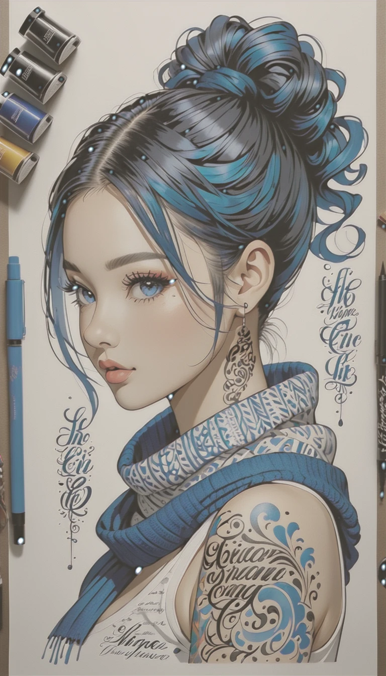 Over Detailed Calligraphic Ink Lettering, Portrait Of Cutie lady in knitted outfit, scarf, Sapphire-curls pigtails different lengths, concept in a mixed Ink tattoo sketch technique with a colored and bright elements, lots of printed words and patterns, Calligraphy lettering in different colors, volume due to shadows.