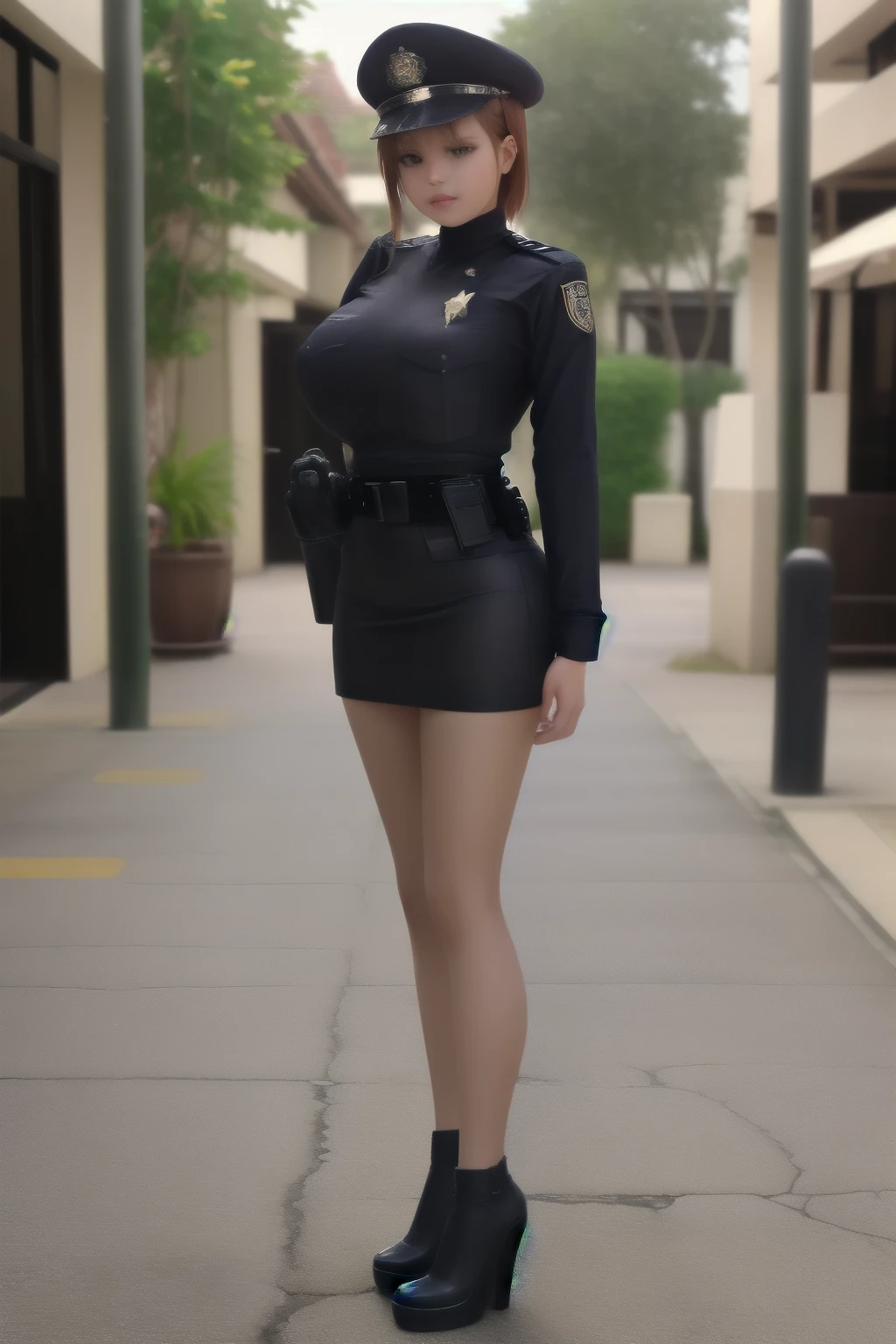 masterpiece, best quality, very aesthetic, absurdres, full body shot,(police costume:1.3), (button gap:0), police skirt, police cap, stockings with garter, on the crowed street, 1girl, misaka mikoto, toaru majutsu no index