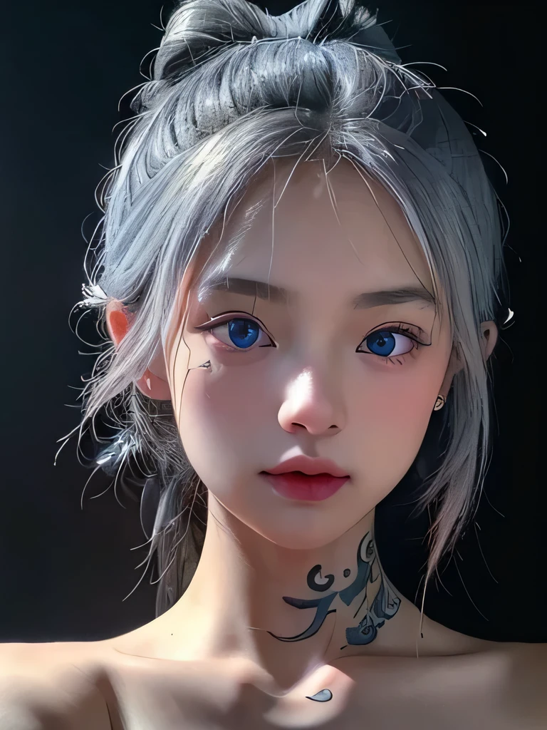 1 girl,light shines on your face, rosy lips, topknot, shining eyes, bun hair, surrealism, close, she is completely naked、masterpiece, Super detailed, advanced details, High resolution、she is naked、blue eyes、black background、Platinum Silver Hair、silver hair、ethnic tattoo、many tattoos on neck、flashy tattoo、nipple、Small breasts、tits、nipple showing、pink nipple、belly button、upper body close-up、Tattoos on the face、