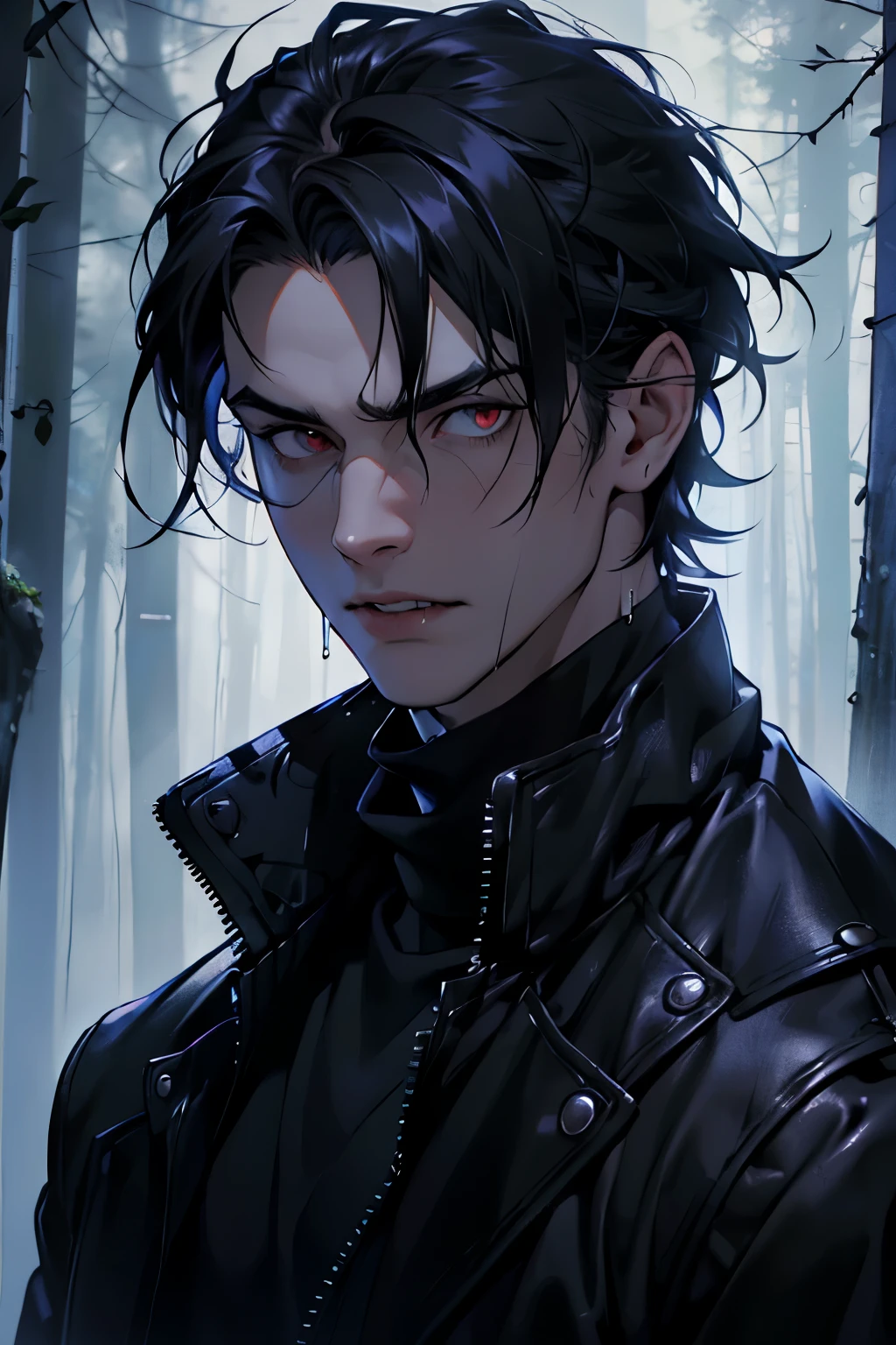 (masterpiece, best quality, high quality, absurdres, highres:1.2), modern upper body, male, adult man, slim face, 27yo, pale skin, short messy hair, black hair, messy hair, red eyes, hair over forehead, black turtleneck, portrait, lost gaze, forest in rain background, dark background, rain dripping from hair and face, front, dark clothes, dramatic lighting, blood tickling from lips, vampire, bloody lips, face in shadow, grim look, shades of blue, dark colors