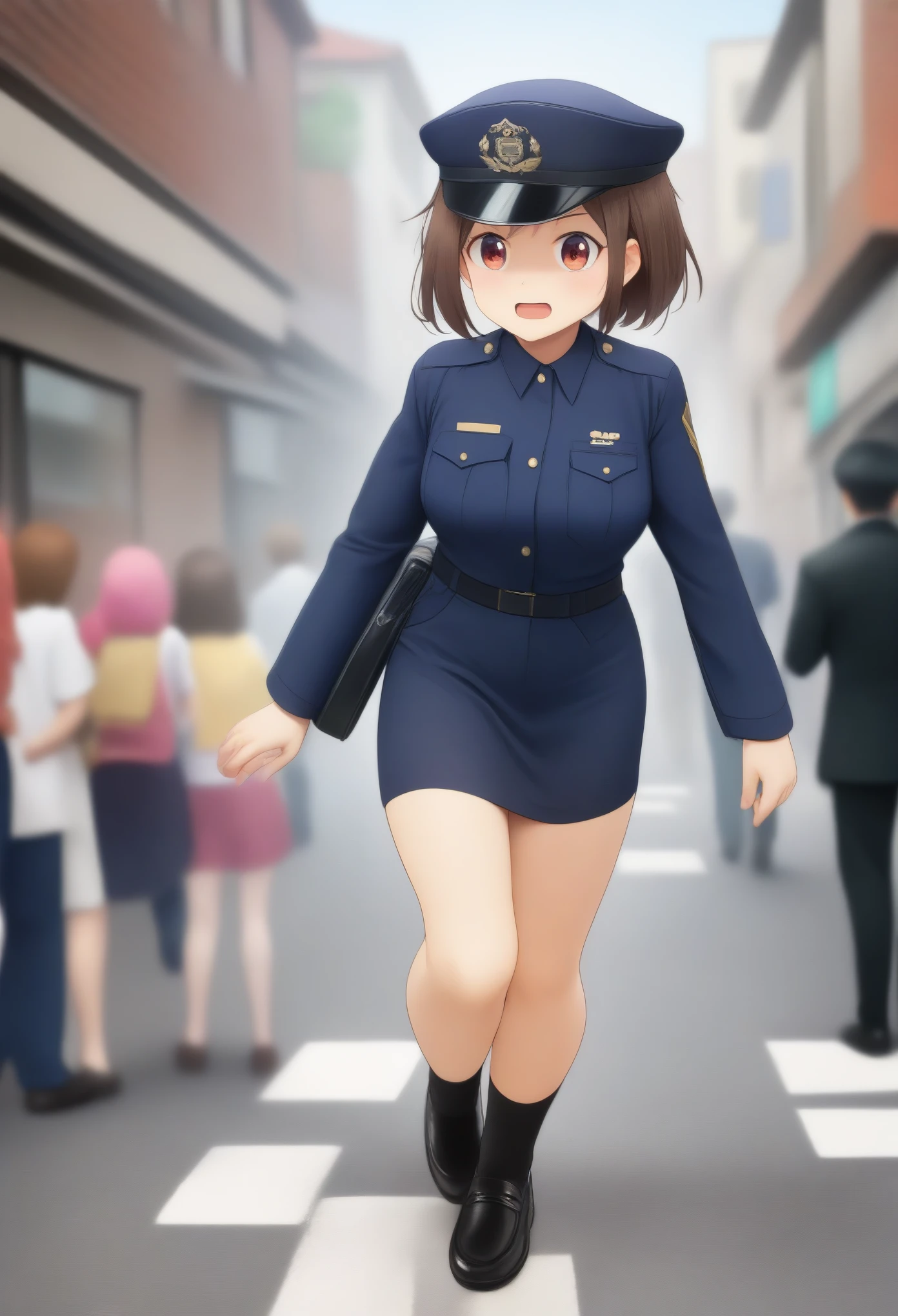 masterpiece, best quality, very aesthetic, absurdres, full body shot,(police costume:1.3), (button gap:0), police skirt, police cap, stockings with garter, on the crowed street, 1girl, tainaka ritsu, k-on!