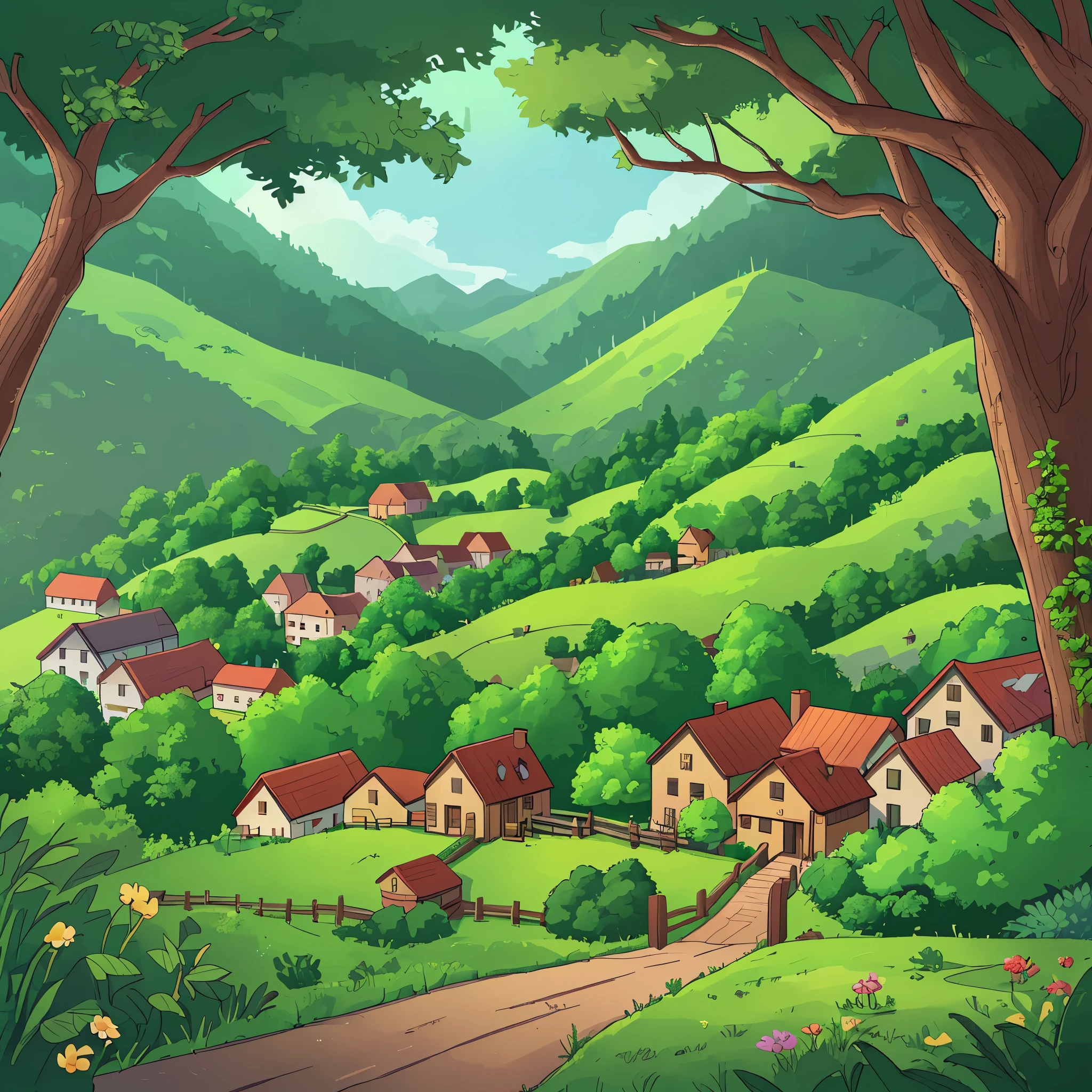 a cozy little town nestled between rolling hills and lush forests