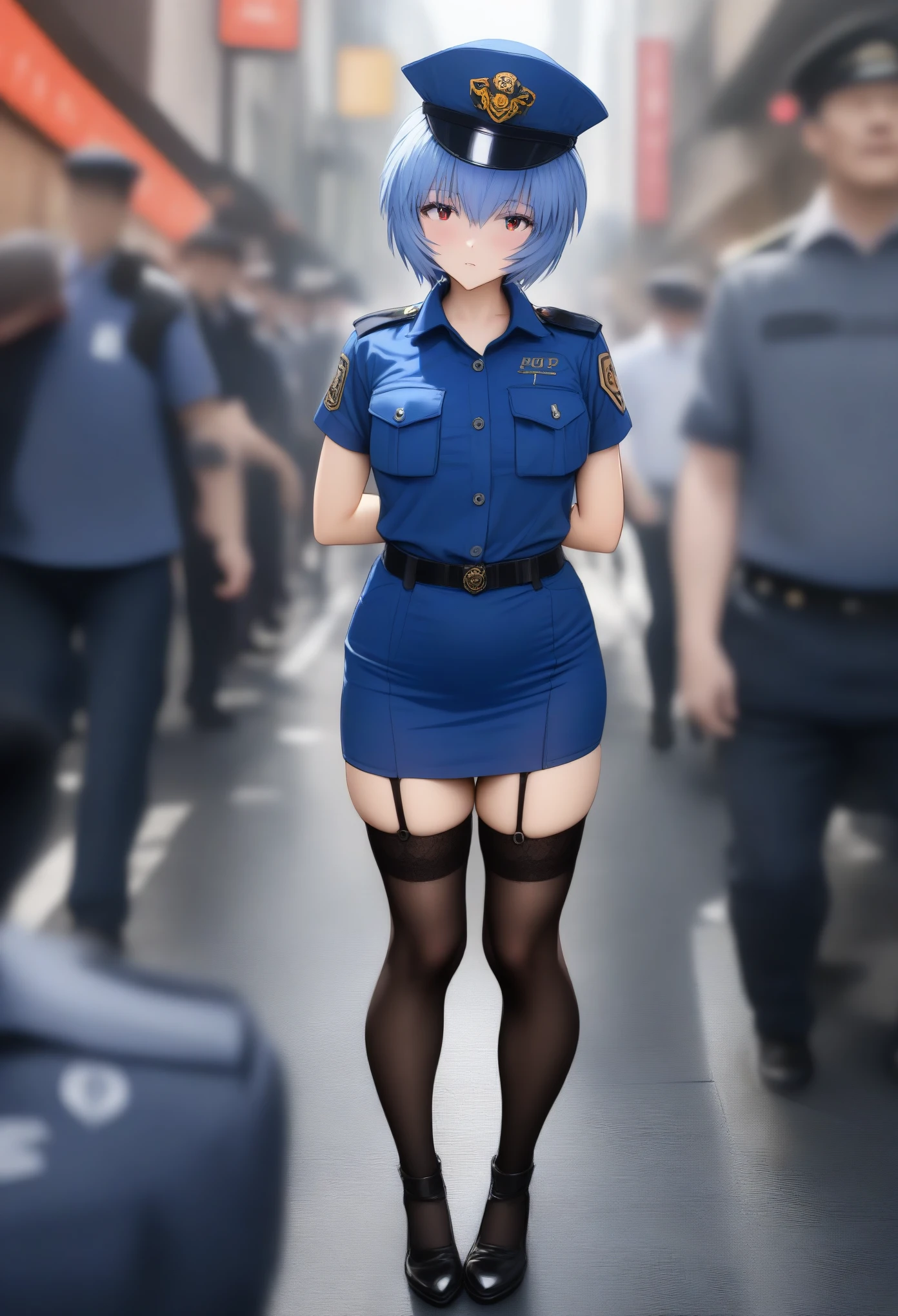 masterpiece, best quality, very aesthetic, absurdres, full body shot,(police costume:1.3), (button gap:0), police skirt, police cap, stockings with garter, on the crowed street, 1girl, ayanami rei, neon genesis evangelion