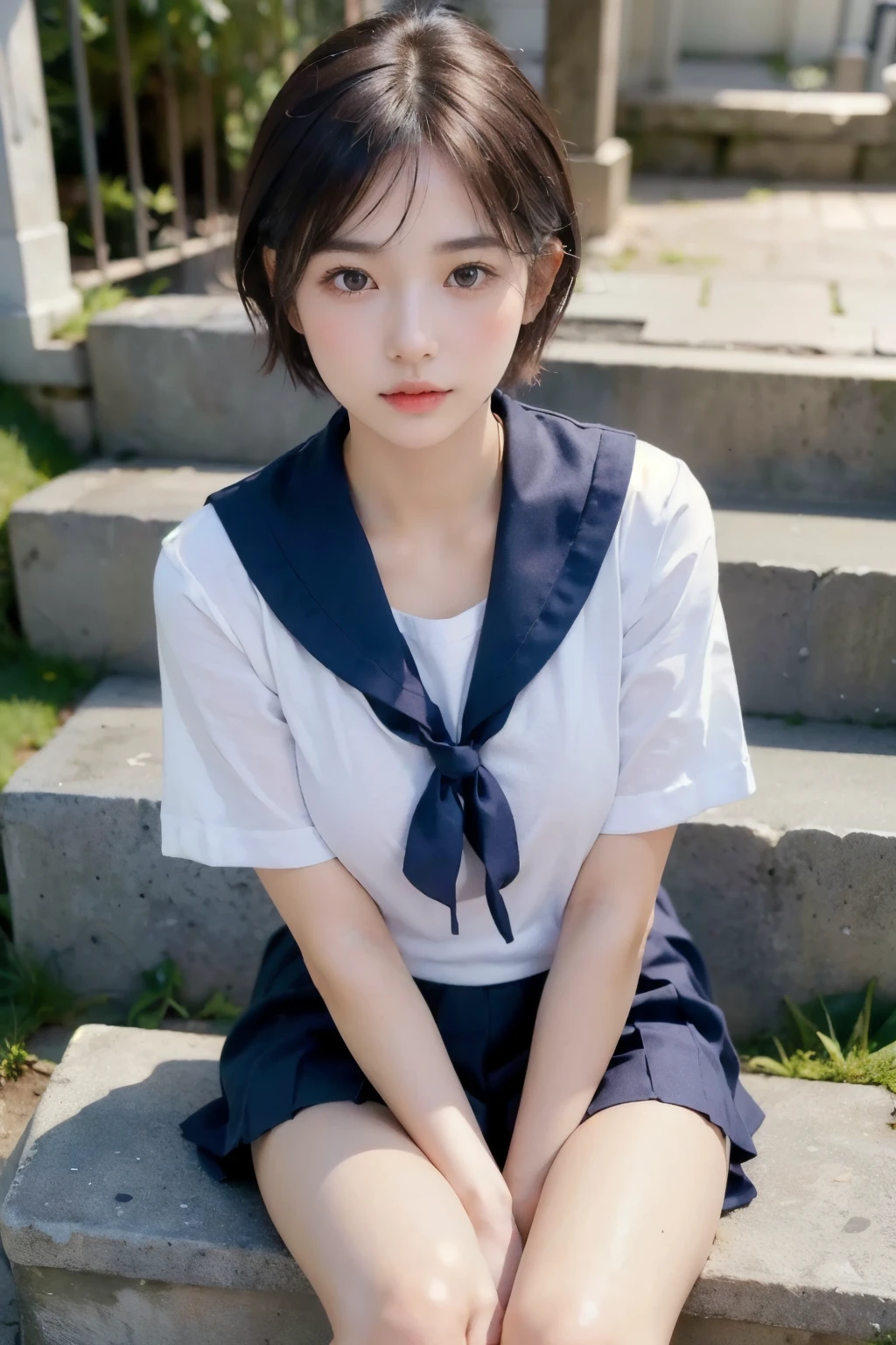 ((highest quality, 8K, masterpiece :1.3)), 1 Innocent Girl:1.3, (short hair,sailor suit,beautiful breasts :1.2), super mini skirt, super detailed face, fine eyes, double eyelid,whole body,cute face,(Sitting on stone steps),(realistic face),(realistic skin),smart body,hips are facing forward,Half Japanese and half European,Sexy facial features
