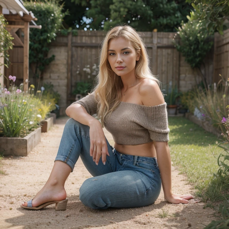 A woman in her 30s, with blonde hair, wearing slim jeans, black high heels, and a crop top. A woman in her early 30s, with blonde hair, wearing a skirt and a off-shoulder sweater, barefoot, in a garden. (best quality, 4k, highres, realistic:1.2), ultra-detailed, vibrant colors, soft lighting, painting-like style.