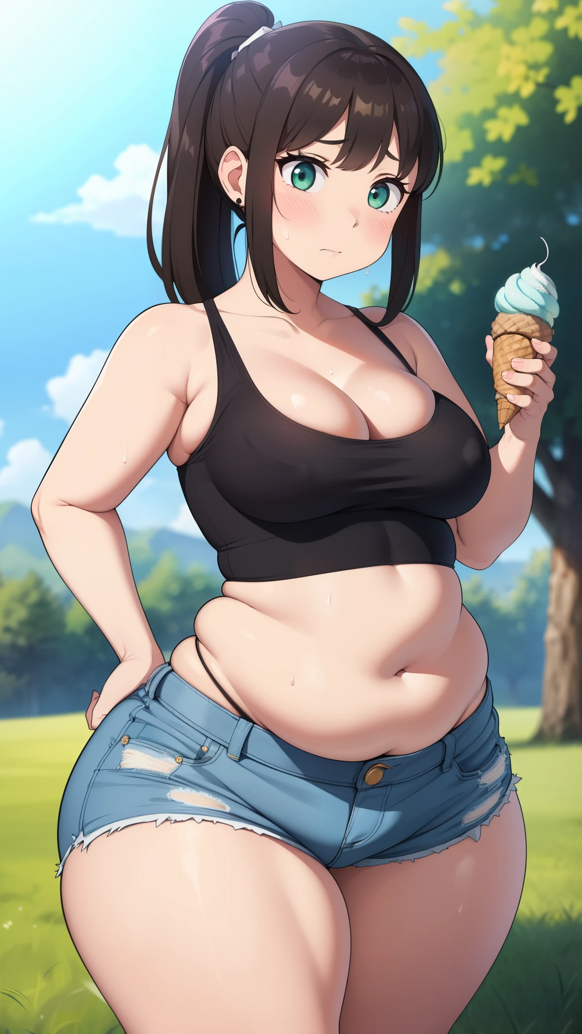 ((Masterpiece)), perfect anatomy, perfect shading, field of depth, (best quality), extremely delicate and beautiful, perfect lighting, detailed face, ultra cute face, cute, (1girl), (solo),
short fluffy brown hair, ponytail, green eyes, ((blush)), embarrassed, looking at viewer, crop top, shorts, cleavage, small breasts, ((thick thighs)), ((wide hips)), fat ass, chubby,
intricate background, detailed background, park, standing, holding ice cream, sweating,