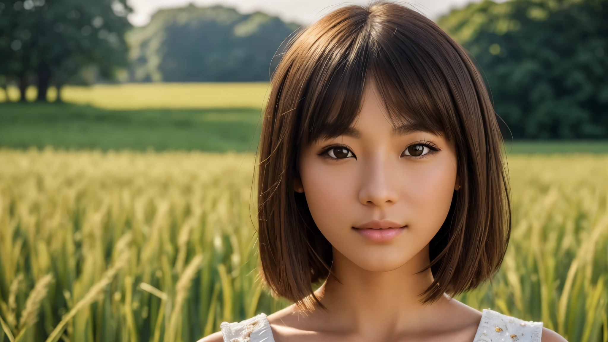 Photo of a South American woman in her late s, raw, Beautiful woman, (Light brown hair), Loose and fluffy bob cut Black eyes ((Portrait)), ((Detailed face:1.2)), ((detailed facial features)), (finely detailed skin), pale skin, , (cold color), moist, moist, Reflectors, (masutepiece) (perfectly proportions)(photos realistic)(Best Quality) (Detailed) photographed in a Canon EOS R5, 50mm Lens, F/2.8, nffsw, (8K) (sharp focus) clothed、(Photo Real:1.4)、(hyper realisitic:1.4)、(realisitic:1.3)、 (Smoother lighting:1.05)、(Improved lighting quality in movies:0.9)、32K、 girl with、Realistic lighting、back lighting、Facial light、raytrace、(Brightening light:1.2)、(Increase quality:1.4)、 (Top quality real texture skins)、finely eye、finerly detailed face、glowy skin Traditional costumes grass field