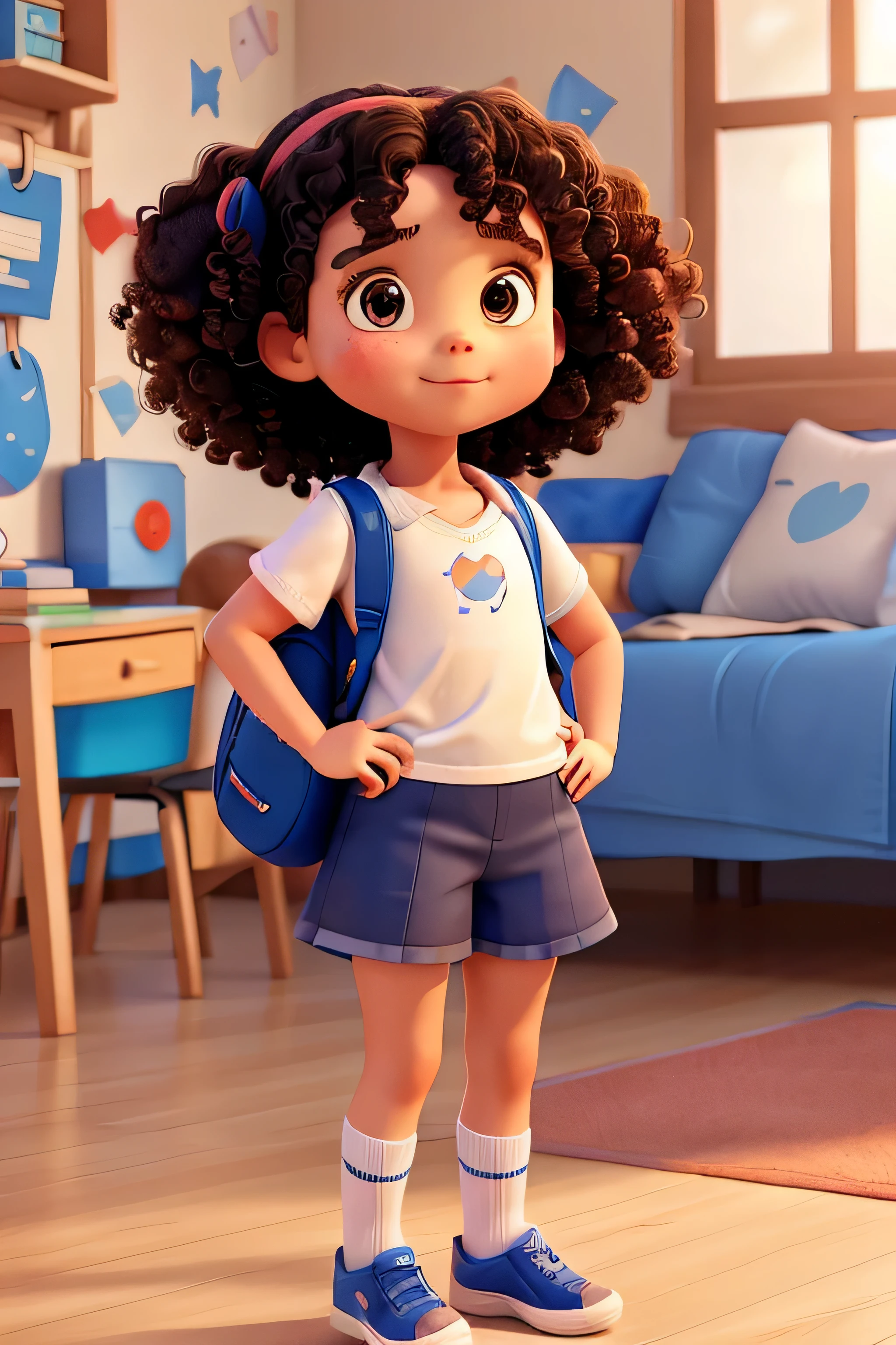 5 year old girl with curly hair, white blouse, blue shorts, black shoes and socks, red backpack, looking forward.