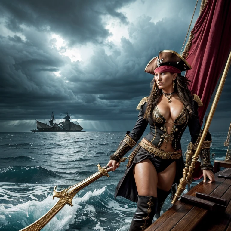 (masterpiece, ultra high resolution, pirate queen:1.3), Karla Jaeger, majestic and formidable, (unyielding gaze:1.2), pirate regalia adorned with gold and jewels, (ornate cutlass:1.2), gleaming at her side, (mystical compass:1.1), guiding her on her quest, (stormy horizon:1.2), ominous clouds gathering, (mythical sea creatures:1.1), lurking beneath the waves, (whispers of legends:1.1), fueling her legend, Karla Jaeger, a force to be reckoned with, ruling the seas with an iron fist