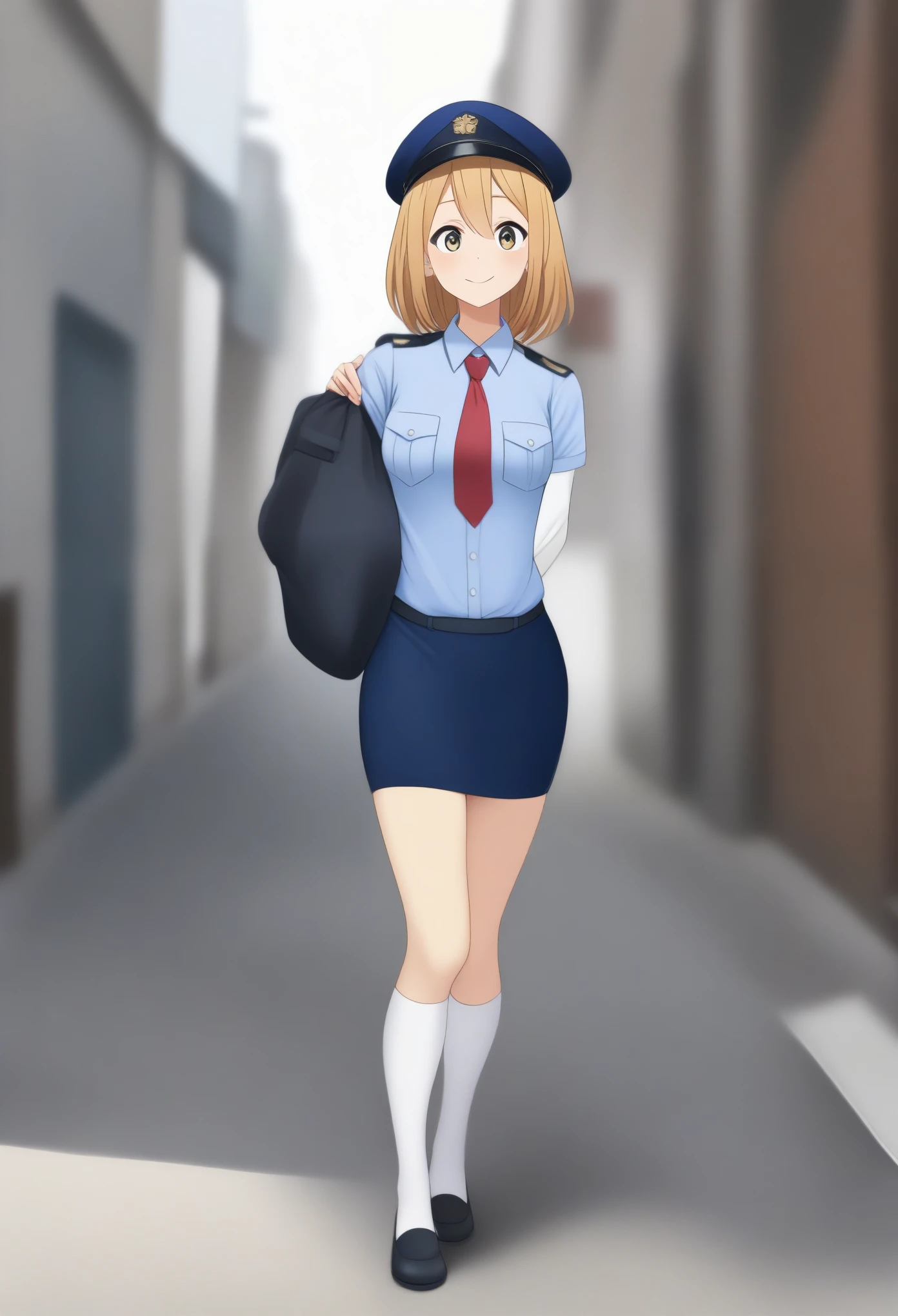 masterpiece, best quality, very aesthetic, absurdres, full body shot,(police costume:1.3), (button gap:0), police skirt, police cap, stockings with garter, on the crowed street, 1girl, tainaka ritsu, k-on!