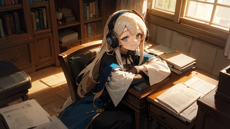 A girl relaxing in her study,long hair, headphones,look down,smile,gothic