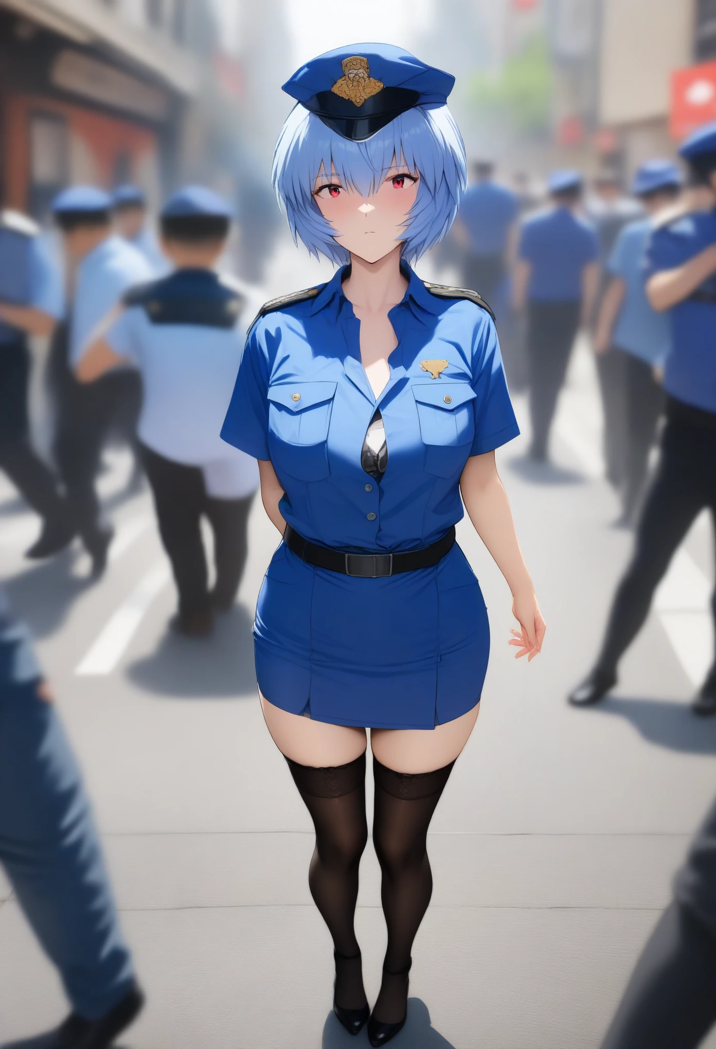 masterpiece, best quality, very aesthetic, absurdres, full body shot,(police costume:1.3), (button gap:0), police skirt, police cap, stockings with garter, on the crowed street, 1girl, ayanami rei, neon genesis evangelion