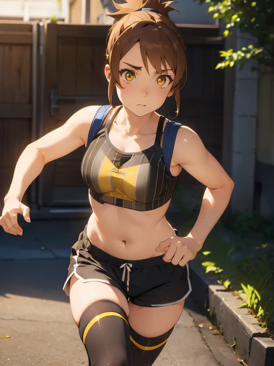 1 girl, marci, brown hair, short ponytail, running shorts, yellow eyes, detailed eyes, stockings, 2 stripe bra