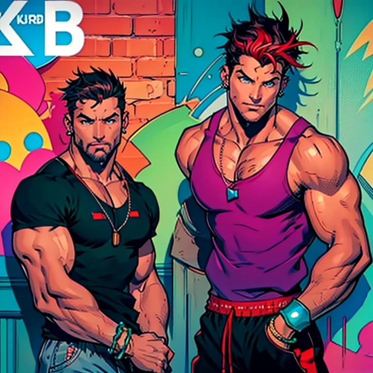 DJ with three piercings under his mouth on his chin, two piercings between his eyes on his nose, spiky black brown hair with a red streak and a blue tank top and baggy 2000s raver style pants. No beard. Blue-green eyes. Lots of kandi bracelets on his arms
