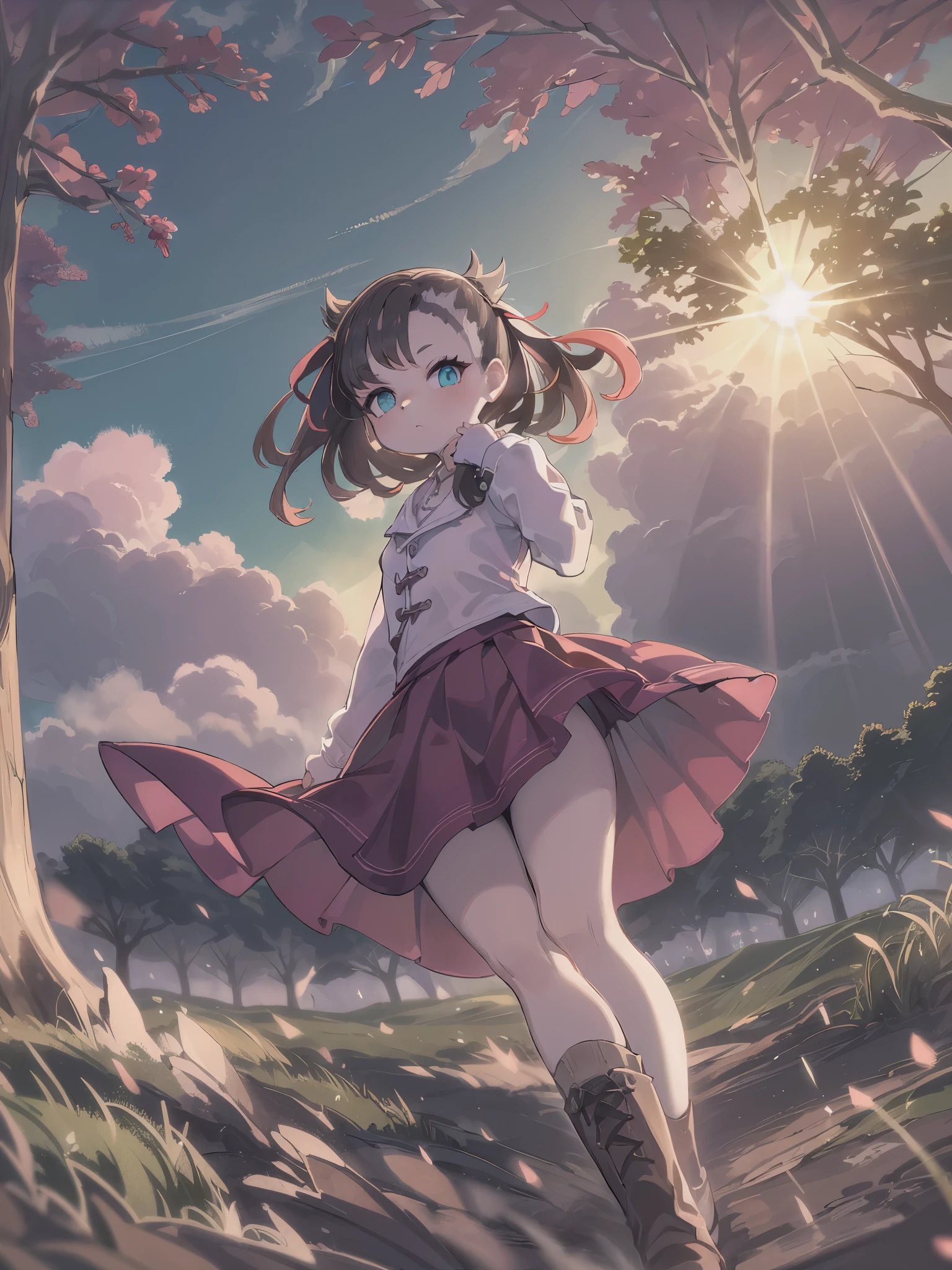 ((Marnie:1.2)), 1girl in, Solo, tree, skyporn, Outdoors, Skirt, cloud, brown, hair, Sunset, lens, f lare, Scenery, , Sun, Wind, long, sleeves, animal snout