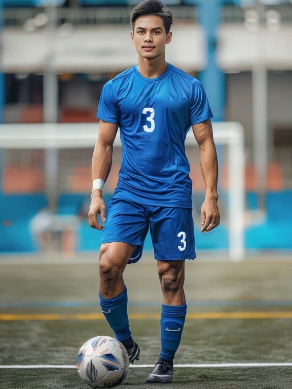 arafed football player in blue uniform on field with ball, football player, football player, sporty body, Tall, handsome, athletic young man, Henry's Ascension, football player cristiano ronaldo, Rafael Pernaz, Shooter Photography, Mohamed Shahin style, good looking face, Daniel Dosiu, Mohamed Shahin, Joel Torres, Wear a volleyball shirt., Professional sports style, Sports Photography