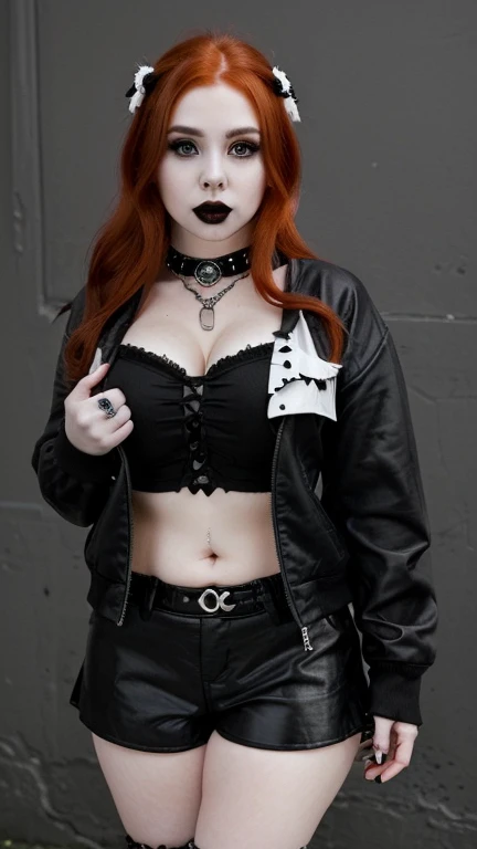 Beautiful young chubby redhead white skin woman, gothic style, rockera, mini short apretado, chaqueta negra de cuep