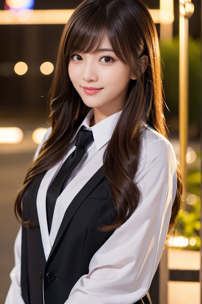 masterpiece、1 beautiful girl、detailed eye、puffy eyes、highest quality, 超A high resolution, (reality: 1.4), movie lighting、Japanese、asian beauty、super beautiful、beautiful skin、thin、body facing forward、(超reality的な)、(High resolution)、(8K)、(very detailed)、(beautiful detailed eyes)、(Super detailed)、 (wall-)、detailed face、bright lighting、professional lighting、looking at the viewer、look straight ahead、black business suit、long hair,  asymmetrical bangs, 、night view、brown hair、japanese idol、korean idol、fiery idol pose、、23 years old、expensive, smile, Nagasaki City、Park scene、