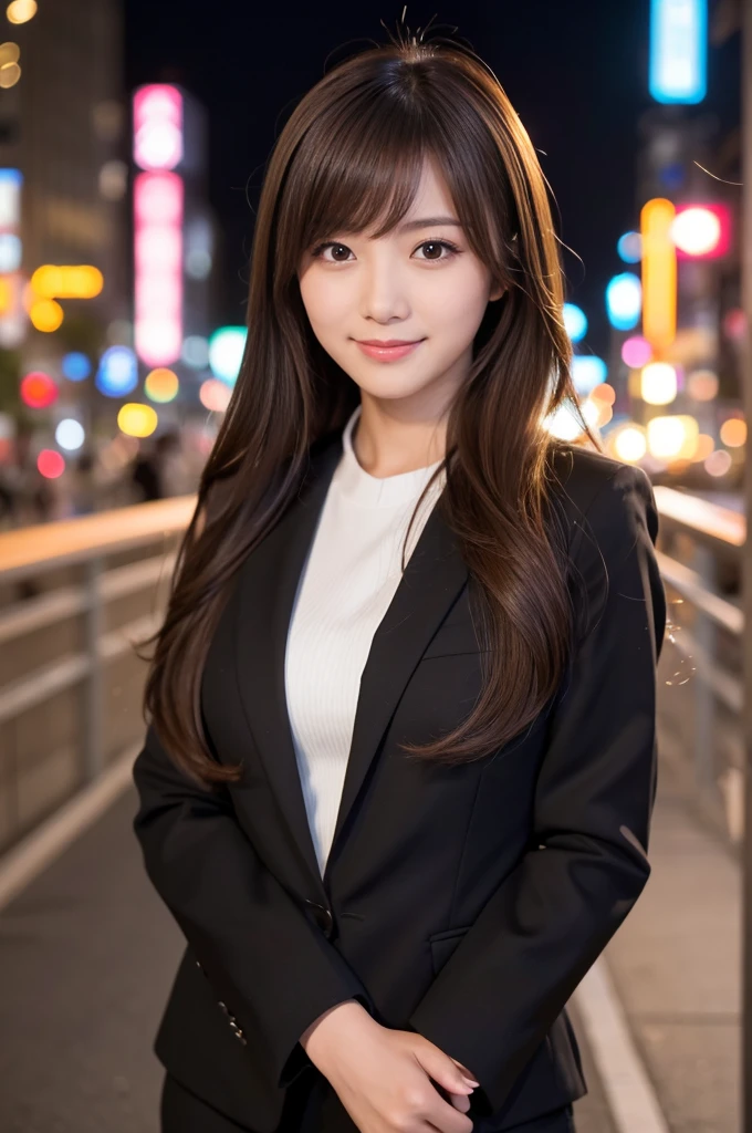 masterpiece、1 beautiful girl、detailed eye、puffy eyes、highest quality, 超A high resolution, (reality: 1.4), movie lighting、Japanese、asian beauty、super beautiful、beautiful skin、thin、body facing forward、(超reality的な)、(High resolution)、(8K)、(very detailed)、(beautiful detailed eyes)、(Super detailed)、 (wall-)、detailed face、bright lighting、professional lighting、looking at the viewer、look straight ahead、black business suit、long hair, asymmetrical bangs, 、night view、brown hair、japanese idol、korean idol、fiery idol pose、、23 years old、expensive, smile, Nagasaki City、Park scene、