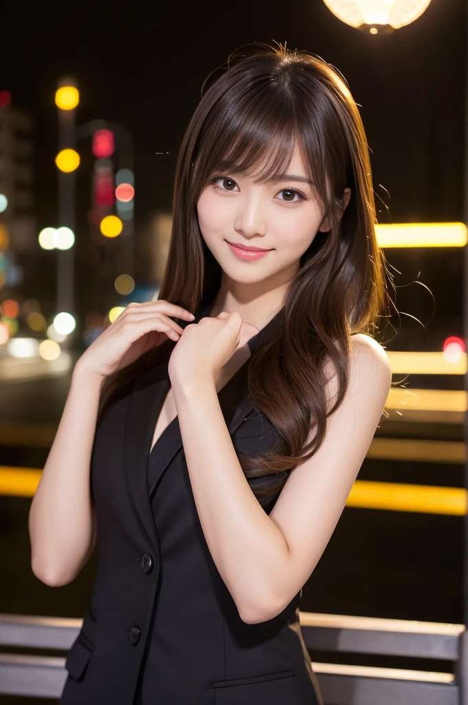 masterpiece、1 beautiful girl、detailed eye、puffy eyes、highest quality, 超A high resolution, (reality: 1.4), movie lighting、Japanese、asian beauty、super beautiful、beautiful skin、thin、body facing forward、(超reality的な)、(High resolution)、(8K)、(very detailed)、(beautiful detailed eyes)、(Super detailed)、 (wall-)、detailed face、bright lighting、professional lighting、looking at the viewer、look straight ahead、black business suit、long hair,  asymmetrical bangs, 、night view、brown hair、japanese idol、korean idol、fiery idol pose、、23 years old、expensive, smile, Nagasaki City、Park scene、
