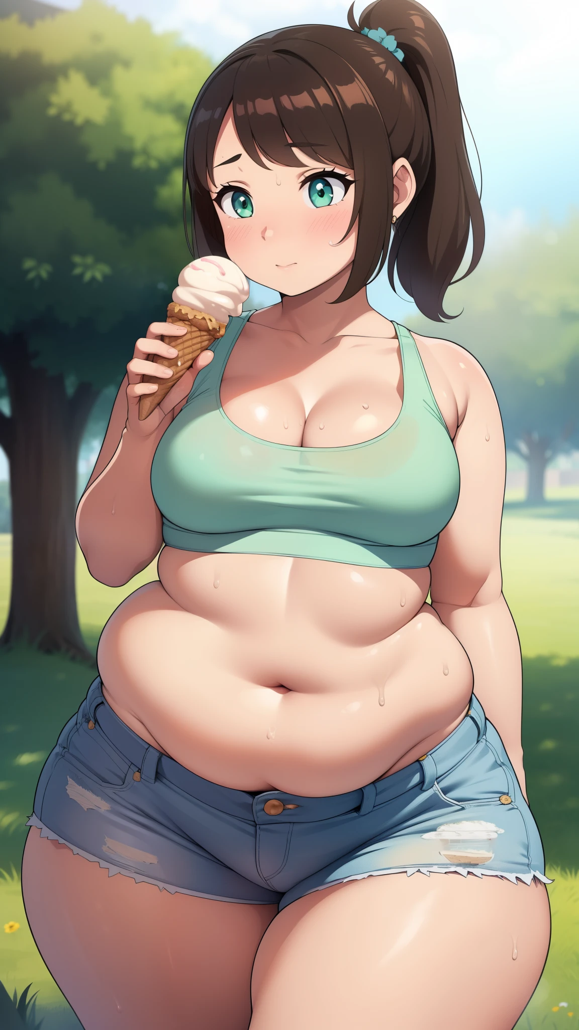 ((Masterpiece)), perfect anatomy, perfect shading, field of depth, (best quality), extremely delicate and beautiful, perfect lighting, detailed face, ultra cute face, cute, (1girl), (solo),
short fluffy brown hair, ponytail, green eyes, tan skin, ((blush)), embarrassed, looking at viewer, crop top, shorts, cleavage, small breasts, ((thick thighs)), ((wide hips)), fat ass, chubby,
intricate background, detailed background, park, standing, holding ice cream, sweating,