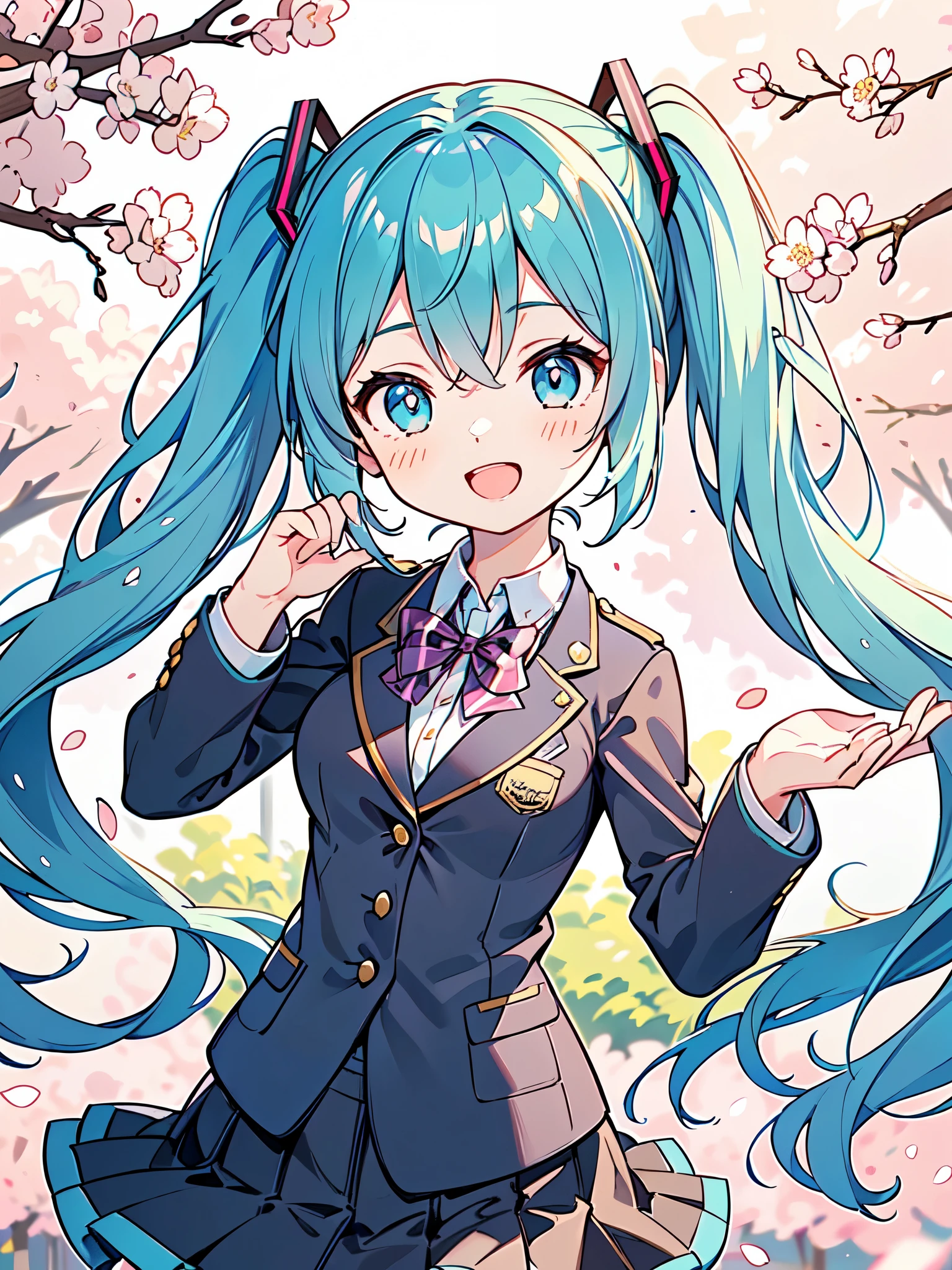 Hatsune Miku:1.8,((high school girl)), ((She wears a blazer uniform and a checked skirt.)), baby face, ((masterpiece, highest quality, Super fine, High resolution)), anime girl, ((Super detailed illustrations:1.2)), alone, beautiful hair, shining eyes, medium breasts, big smile, open mouth, cherry blossoms, schoolyard