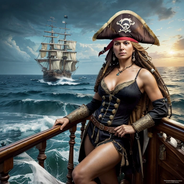 (masterpiece, high resolution, pirate legend:1.3), Karla Jaeger, pirate queen extraordinaire, (towering stature:1.2), bedecked in treasures untold, (antique spyglass:1.1), scanning the horizon for adventure, (raging tempest:1.1), challenging her resolve, (whispers of ghost ships:1.1), haunting the night, (shimmering treasures:1.1), hidden on distant shores, (echoes of rebellion:1.1), fueling her legend, Karla Jaeger, a formidable force of nature, ruling the seas with wisdom and ferocity