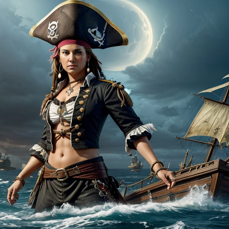 (masterpiece, high resolution, pirate legend:1.3), Karla Jaeger, pirate queen extraordinaire, (towering stature:1.2), bedecked in treasures untold, (antique spyglass:1.1), scanning the horizon for adventure, (raging tempest:1.1), challenging her resolve, (whispers of ghost ships:1.1), haunting the night, (shimmering treasures:1.1), hidden on distant shores, (echoes of rebellion:1.1), fueling her legend, Karla Jaeger, a formidable force of nature, ruling the seas with wisdom and ferocity