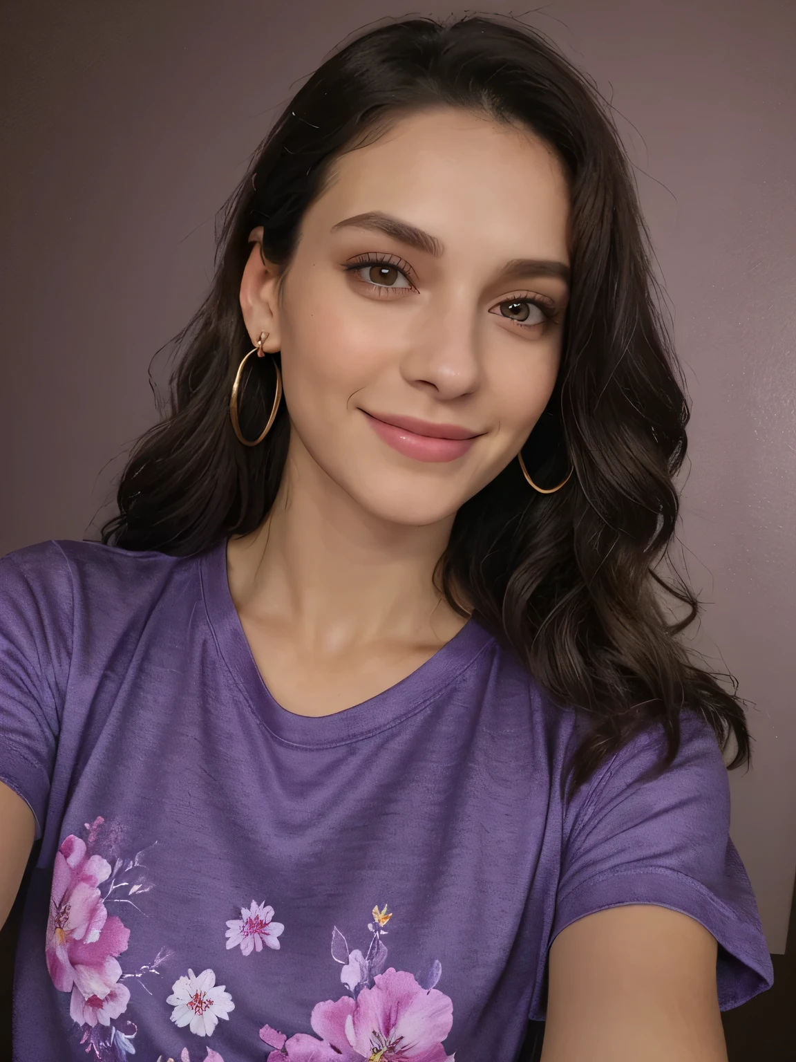 Beautiful Brunette, 27 years age,athletic body,wearing purple color oversized floral print T-shirt Selfie,no jewellery,night time, medium length blackish brown stylish voluminous wavy hairs till her breast,smiling, realistic eyes , realistic eyeballs,no earrings