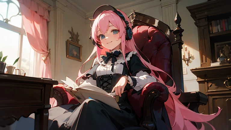 A girl relaxing in her study,long hair, headphones,look down,smile,gothic,Light pink hair,Gothic Lolita,Rose
