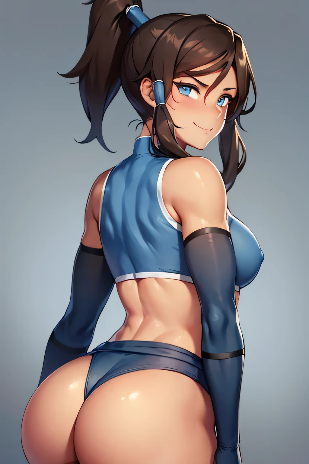 korra, dark skin, dark-skinned female, ponytail, muscular female, nsfw, high quality, detailed, high resolution, Natural Volumetric Lighting And Best Shadows, (Juicy Ass POV:1.1), Deep Depth Of Field, Sharp Focus, Portrait Of Korra, Korra, Soft Delicate Beautiful Attractive Face With Alluring blue Eyes, Lovely Medium Small Breasts, Thick Eyebrows, From Behind, Looking Back, Lustful Stare, Smile, Windswept Disheveled dark brown Hair, Thick Layered Long ponytail Hairstyles, Blush Eyeshadow With Thick Eyelashes, looking at viewer, crossed arms, ponytail, hair tubes, sleeveless, bare shoulders, (nsfw) 