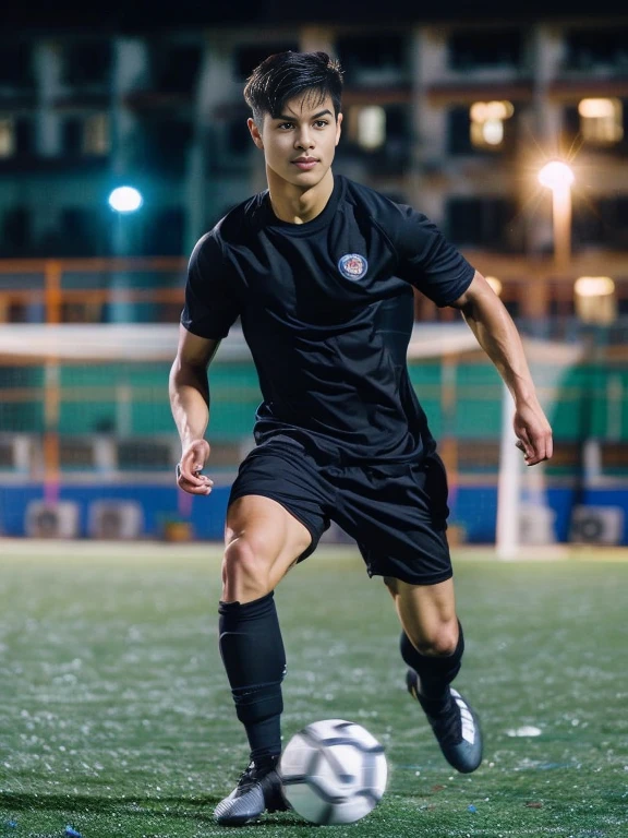 there is a man that is play football on the field, Portraitกลางช็อต, Portrait, Sports Photography, dynamic Action shock, Shooter Photography, Sports Photography, Raising childrenที่กําลังมาแรง, Action shock, Raising children, football player, good looking face, wide angle dynamic Action shock, Shot with a Sony a 7 iii., play football, Take a photo on your iPhone, sports clothes