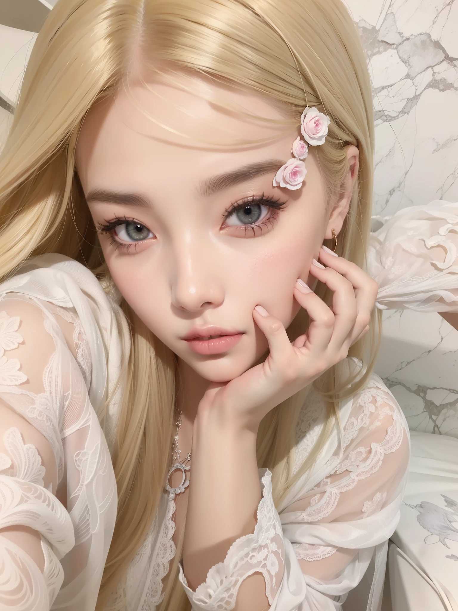 Blonde woman with long hair holding a white cell phone., retrato de kim petras, maquillaje popular de corea del sur, Retrato de Jossi de Blackpink, Parque Roseanne de Blackpink, ulzzang, maquillaje coreano popular, cruel korean gothic girl, ava max, con el pelo largo y blanco, inspirado en Yanjun Cheng, bella delfina, kim taejin