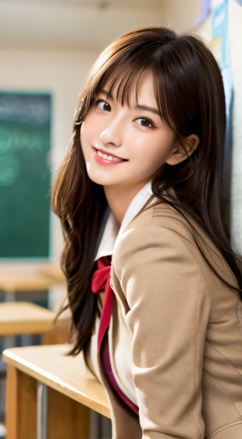 table top, highest quality, figure, Super detailed, finely, High resolution, 8k wallpaper, Perfect dynamic composition figure, detailed and beautiful eyes, ,medium hair, big breasts, natural color lip, random sexy poses,smile、20 year old girl、 After school classroom、 high school giller suit、mini skirt、loose socks、