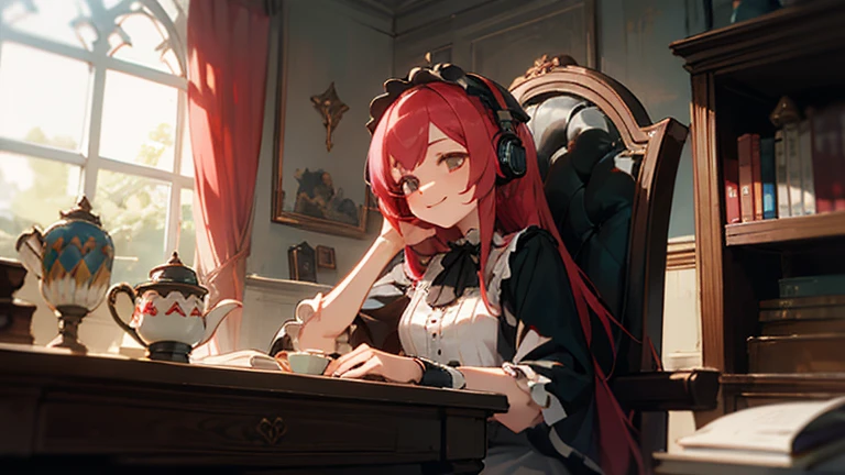 A girl relaxing in her study,long hair, headphones,look down,smile,gothic,Light pink and red hair,Gothic Lolita,Rose,black tea
