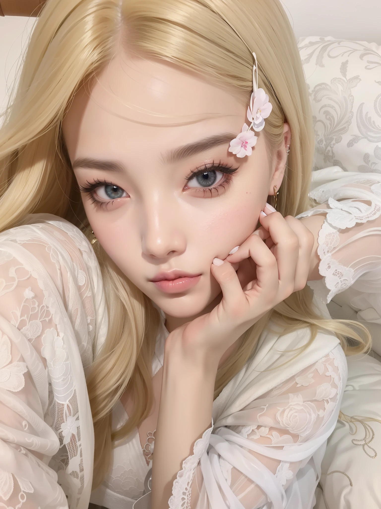 Blonde woman with long hair holding a white cell phone., retrato de kim petras, maquillaje popular de corea del sur, Retrato de Jossi de Blackpink, Parque Roseanne de Blackpink, ulzzang, maquillaje coreano popular, cruel korean gothic girl, ava max, con el pelo largo y blanco, inspirado en Yanjun Cheng, bella delfina, kim taejin