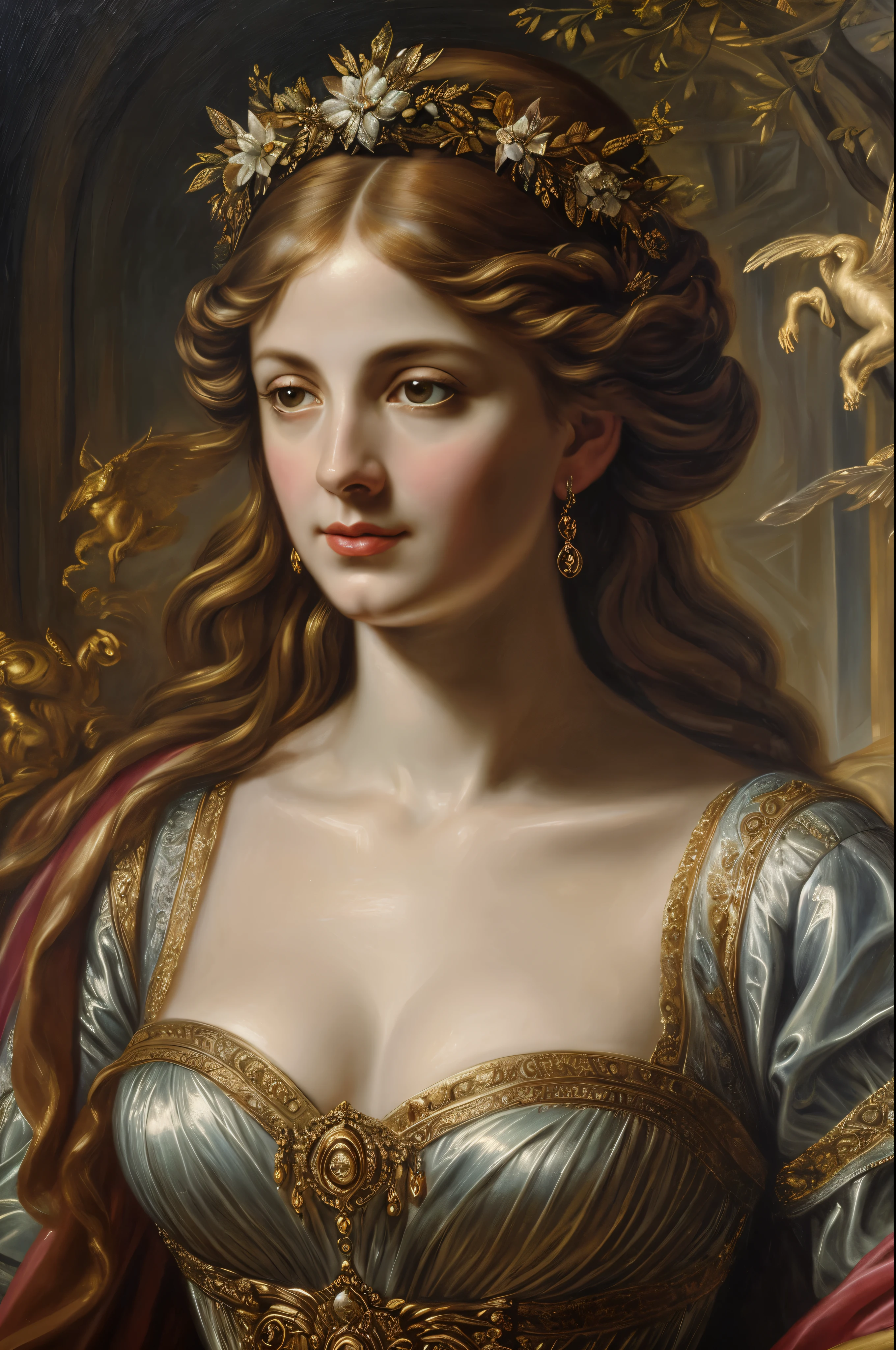 an oil painting art piece depicting the Greek Goddess Circe from Greek or Roman mythology, inspired by Peter Paul Rubens' painting style. Capture Circe's magical and enchanting presence as she stands with a mystical aura, surrounded by enchantments and mythical creatures. Infuse the painting with vibrant colors, dramatic lighting, and intricate details characteristic of Rubens' dynamic and emotive style. Let Circe's power and beauty shine through in a captivating portrayal that brings her mythological essence to life on the canvas, masterpiece, award winning, best quality, highly detailed, flawless artwork,