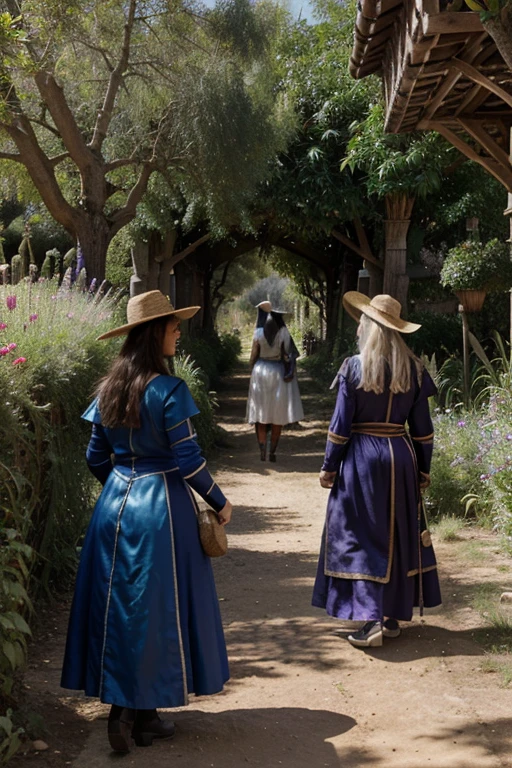the three witches and a knight entering an enchanted garden, donde, a ambos lados de los soleados senderos, strange herbs grew in abundance, frutas y flores. Llegaron al pie de la colina en cuya cima se encontraba la fuente.