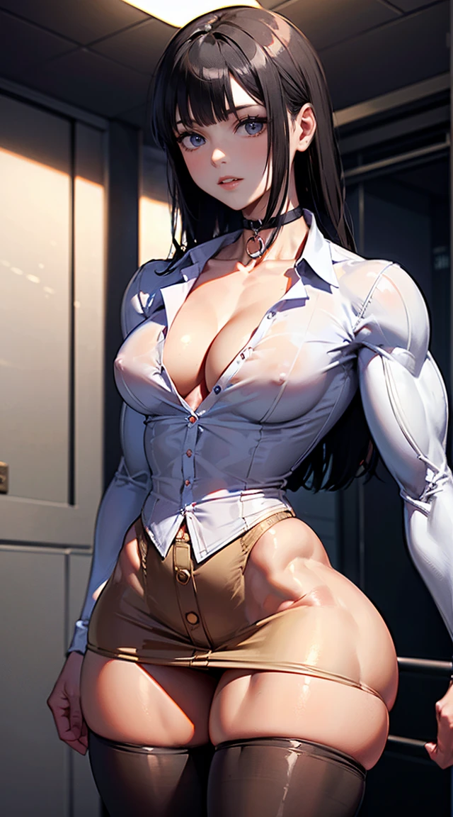 (Muscular:2.3), (thick thighs:2.2), (asian female:1.5), (blue eyes:1.5), adult, (blunt bangs, long black hair:1.5), glasses, earrings, eyeshadow, lipstick, (upper body view), (striations), (hard nipples), (small perky breasts:1.4), (choker, tucked-in white button up, cleavage, black skintight miniskirt, brown pantyhose:1.8), (sculped muscles:1.6), detailed eyes, (athletic body:1.5), (muscular body:2), (looking at viewer), (big smile:1.5), office, rim lighting, two tone lighting, dimly lit, clean skin, low key (DETAILED SKIN), (three quarter view)