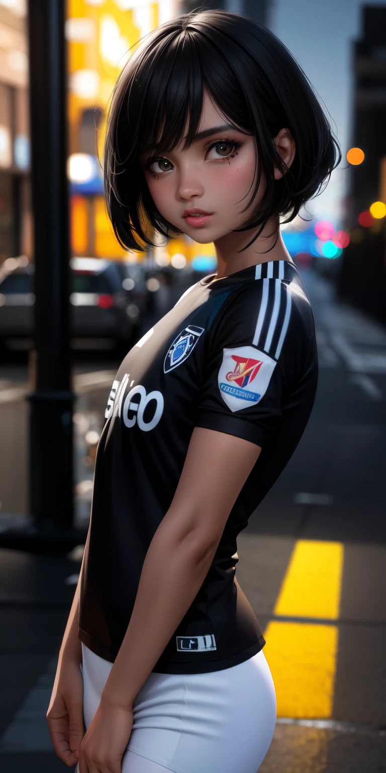 realista, 1 chica, pelo negro y corto, ojos negros, ojos brillantes, soccer jersey  , falda, Labios partidos, rubor, noche, flores, sol, sollight,
