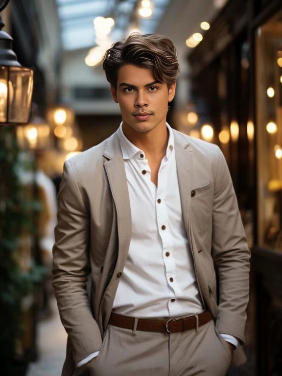 A man in a suit and white shirt stood in the hallway., Handsome and charming, handsome man, Handsome and elegant, attractive man, handsome young man, handsome man, model, A thin man with light tan skin., handsome young man, attractive man, Attractive and beautiful, Handsome and attractive face, very Attractive and beautiful, Elegant slim fit beige shirt., charming young man