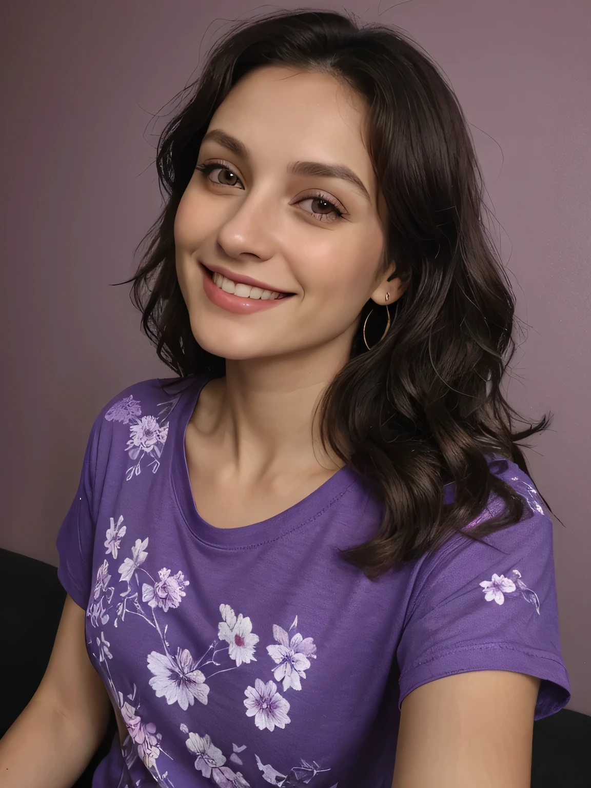 Beautiful Brunette, 30 years age,athletic body,wearing purple color oversized floral print T-shirt Selfie,no jewellery,night time, medium length blackish brown stylish voluminous wavy hairs till her breast,smiling, realistic eyes , realistic eyeballs,no earrings ,no hands